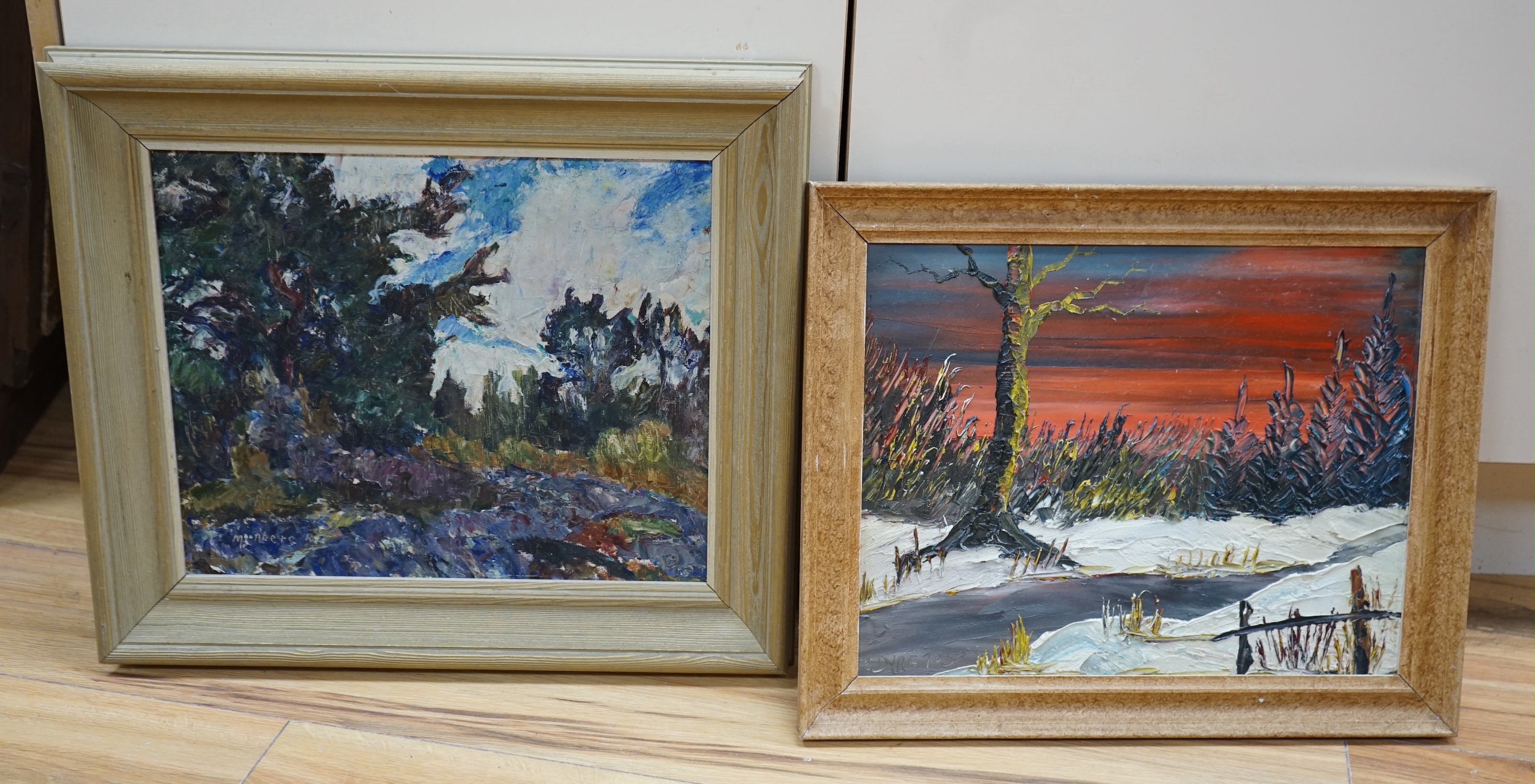 Two Impasto oils, one on canvas, Landscapes, each indistinctly signed, largest 29 x 37cm
